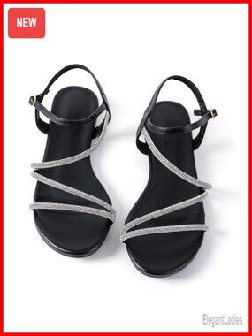 Rhinestone Gladiator Flat Sandals - Adjustable Ankle Strap Dressy Summer